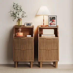 Oxirth  Fluted Nightstand with Drawers, Compact Bedside Table with Open Shelf, Sturdy Wood Accent Table for Bedroom Living Room (Walnut/White)