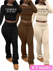 Women's Letter Print Long Sleeve Crop Top & Pants Set, Casual Fashion Cozy Legging Outfits for Daily Outdoor Wear, Women Clothing for Spring & Fall