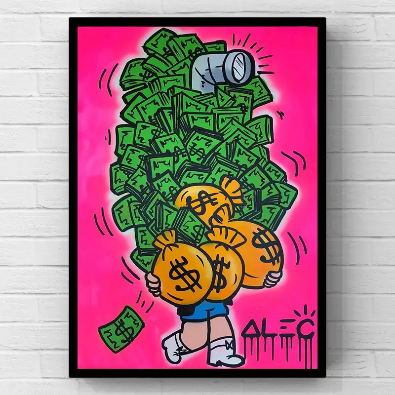 Alec Monopoly Cash Money Bags – pink background, Wealth Street graffiti minimalist artwork, 2D flat-print canvas wall art poster, wall decoration for home and bedroom décor, motivational wall decor, ideal gift for home office and vanity room
