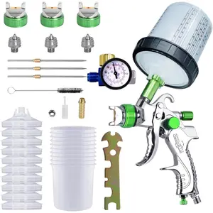 HVLP  Sprayer with 10 count 600ML Mixing Quick Cup,Spray   Set Contain 3 Nozzles 1.4/1.7/2mm & Gauge,Sprayer  for  Painting,Furniture Surface Spraying (Green Set)