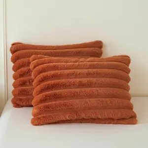 Fluffy Faux Rabbit Fur Pillowcases 20x26 Pack of 2, Soft Striped Shaggy Furry Bed Pillow Cases with Zipper, Farmhouse Plush Fuzzy Ribbed Long Pillow Covers for Kid Girls Adult, Standard, Burnt Orange