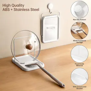 Pot Lid Holder, Lid and Spoon Rest Holder for Kitchen Counter, Foldable Pan Lid Organizer Stand with Nonslip Pads, Multifunctional Utensils Pan Pot Cover Lid Rack Shelf For Stove Top, White