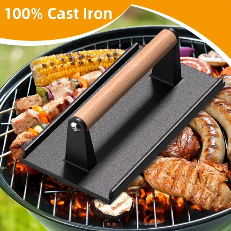 Cast Iron Bacon Press for Griddle - Heavy Duty Smash Burger Press, Grill Press with Ergonomic Wooden Handle, Meat Press for Flat Top Grill, Ideal for Burgers, Bacon, and Steaks 2 pcs Kitchen Utensils Cooking Steel