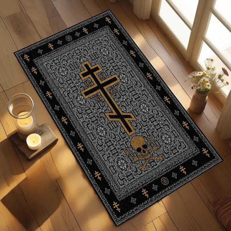Antique Black Orthodox Prayer Rug, Byzantine Christian Cross Rug