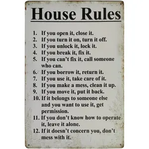 House Rules Vintage Metal Sign Inspirational Quotes Family Decor Sign Farmhouse Country Home Decor Door Plaque 8X12Inch