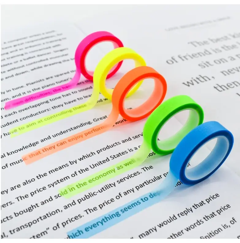 5 Rolls Highlighter Tape Transparent Marking Sticker Removable Fluorescent Colored Tags for Reading Class, 16 ft Per Roll