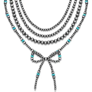 4pcs Western Navajo Pearl Stackble Necklace Jewelry For Women Beaded Chain Bow Pendant Boho Handmade Long Layered Country Concert Necklace Set