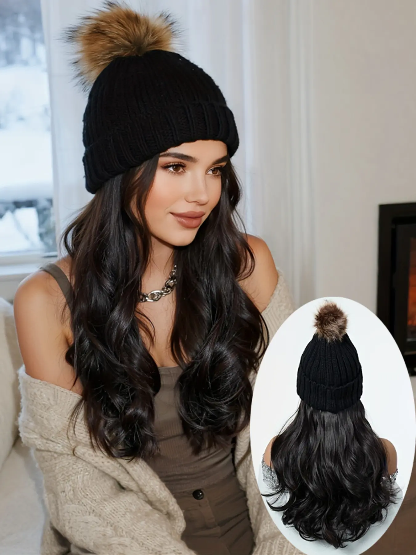 Warm Knitted Beanie Hat with 16 Inch Beach Wavy Synthetic Hairpiece, Body Wavy Wigs, & Light Highlight Colors, Stylish Accessory for Women, Deep Wavy Wigs