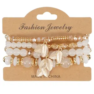 [Clearance Sale Price] Bohemian Style Beaded Bracelet Set - 4 Pieces - Women's and Girls' Faux Pearl Leaf Pendant Elastic Tassel Bangle - Fashionable Jewelry, Suitable for Everyday Wear, Couple Bracelets, Valentine's Day Gift.