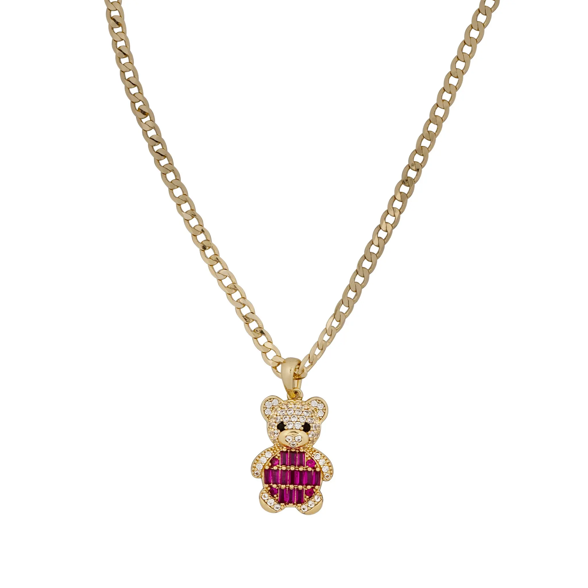 Ruby Teddy Charm Necklace - 14K Gold-Plated