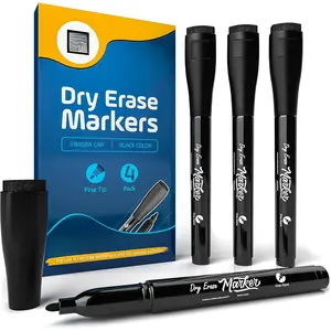 4 Pack Dry Erase Markers Fine Tip Black Color Low Odor Whiteboard Markers with Eraser Cap