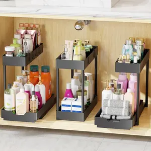 3-Pack 2-Tier Under Sink Organizer, Pull-Out Sliding Storage Shelf for Kitchen & Bathroom (Black)