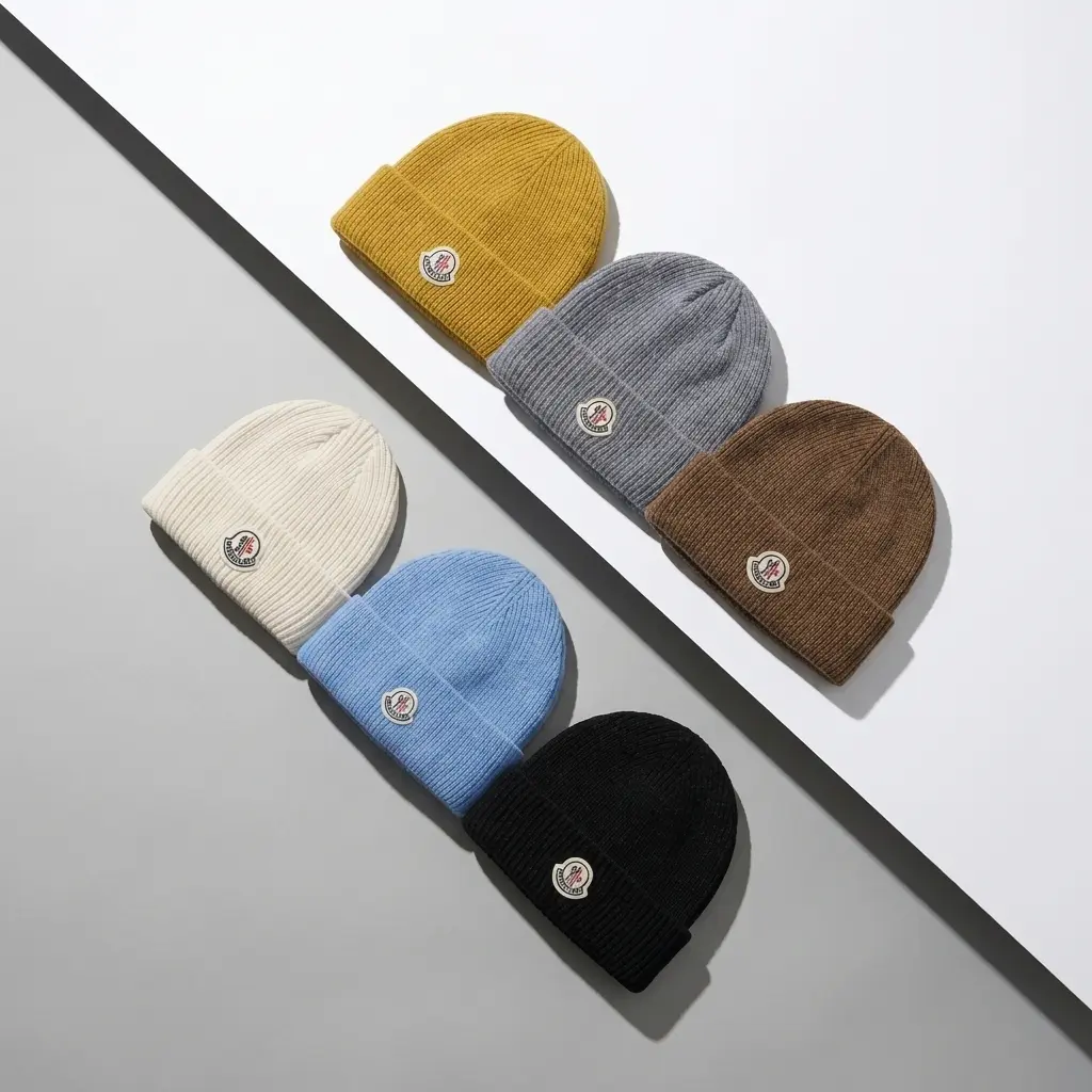 Moncler Style Logo Beanie Hat Multi-Color Variant Grid | Thick Ribbed Warm Winter Knit Caps | Diagonal Split Showcase Profile