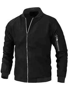 Men's Regular Fit Solid Color Zip Up Bomber Jacket Coats, Casual Comfy Long Sleeve Baseball Outerwear for Spring & Fall, Fashion Men's Clothes for Daily Wear