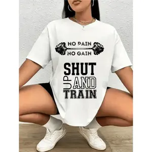 1pc Women's Fitness Motivational T-Shirt - "No No Gain Shut Up and Train" & Dumbbell Graphic, White with Black Lettering, Casual Comfort Fit, Machine Washable, Gym & Casual Attire, Gift for Female Athletes, Gym Clothes, Easycare F