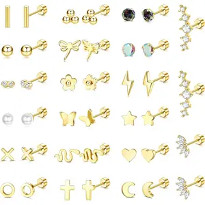 FINREZIO 20 Pairs Rose Golden Stainless Steel Stud Earrings for Women Men Versatile Piercing Earrings Set 20G Tiny Earrings Stud Small Snake Star Moon Ball Butterfly Flower Heart Screw Flat Back Stud Earrings