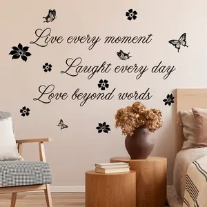 (30*60cm) black English slogan butterfly and flower Decorative wall sticker for beautifying home, living room, entrance, corridor, bedroom decoration background wall. Self-adhesive, MS8729