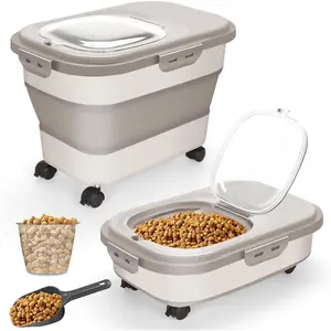 20Lbs Airtight Flour Container with Rolling Wheels, Scoop & Measuring Cup - Rice Storage Container, Large Pet Dog Cat Food Storage Bin, Collapsible Kitchen Cereal Dry Food Holder Rice Dispenser Utensils Black