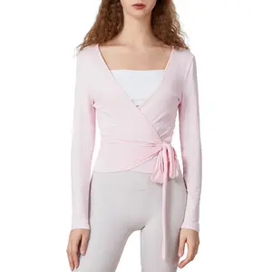 Womens Ballet Wrap Top Long Sleeve Tie Front Workout Cover Up Pilates Yoga Tops Y2k Fairy Coquette Shirt Going Out Streetwear