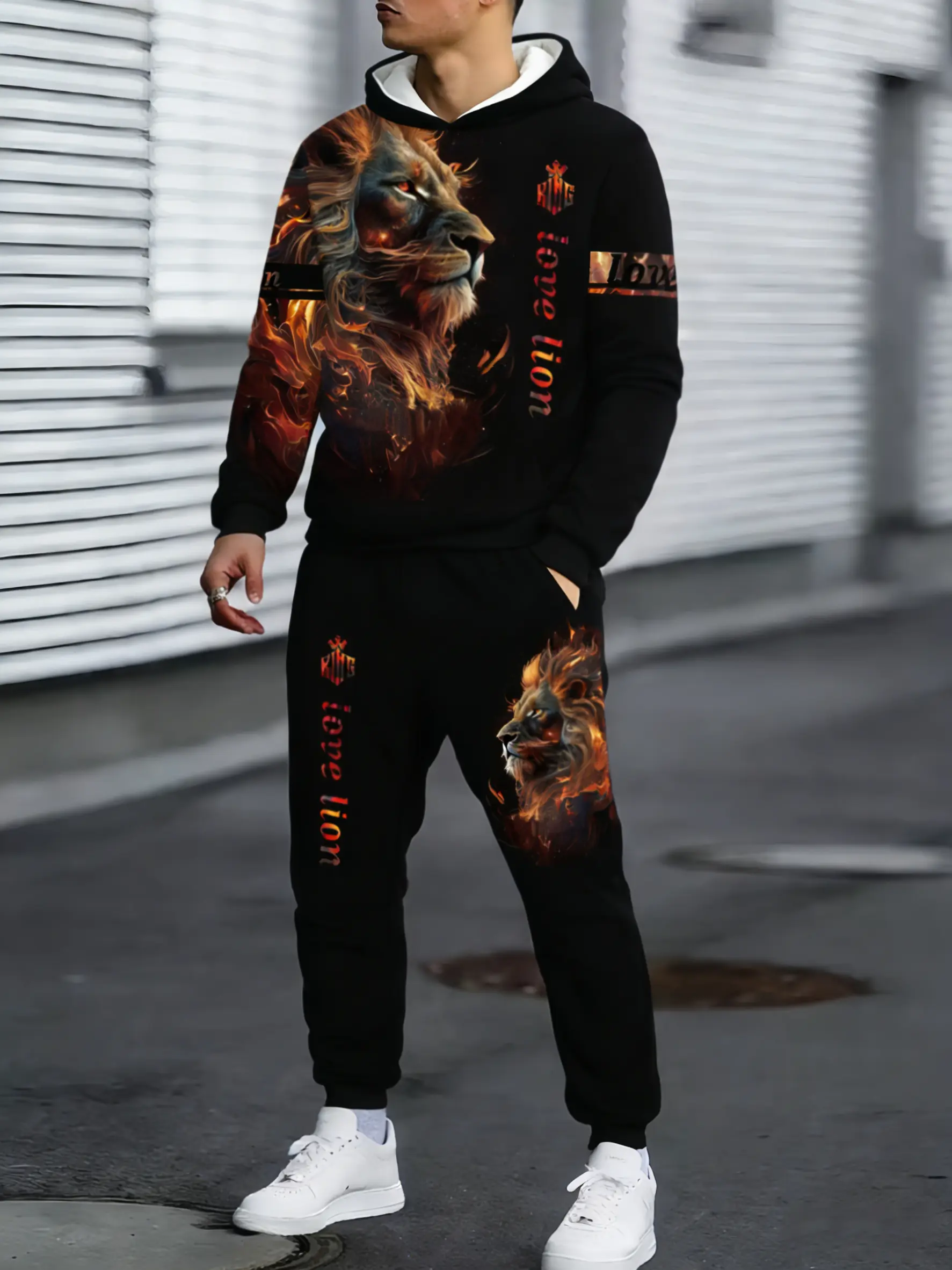 Men's lion print hooded sweatshirt and sweatpants set -100% polyester fiber casual sportswear, hooded long sleeved top and pocket, regular cut knitted fabric, comfortable all year round, animal pattern - adult weekend casual wear Workout Gym Clothing Spor