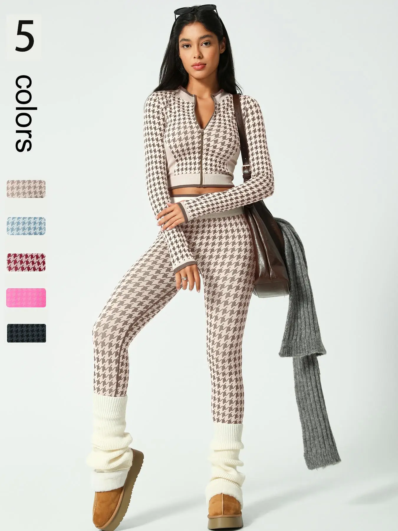 Women's Houndstooth Print Zip Up Crop Jacket & High Waist Leggings Tracksuit Set, Sporty Breathable Comfy Outfits for Yoga Gym Running, Jogging Sets f