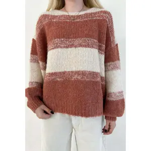 Out of the Woods Burnt Orange Balloon Sleeve Striped Sweater Soft Fluffy Oversized Fit with Ribbed Details & Slight Boat Neckline