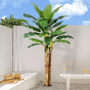 Artificial Banana Tree, 7FT Faux Banana Tree with Grey Planter, Artificial Plants with 24 Faux Banana Leaves Plant for Home Office Decor Decoration Decorative Pot Tropical