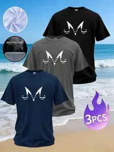3-Pack Dragon Ball Buu M Logo Print T-Shirts, Men's Summer Breathable Round Neck Short Sleeve, Anime Casual Long Top