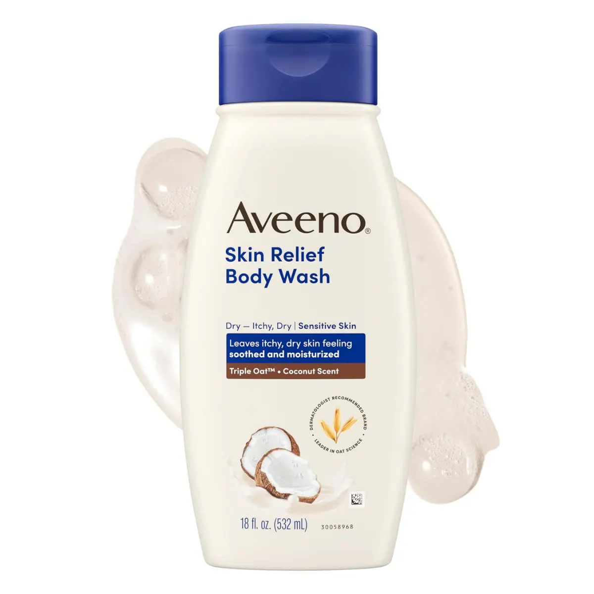 Aveeno Skin Relief Body Wash for Dry Skin, Gentle Coconut Scent and Soothing Triple Oat Formula, Moisturizing Body Wash Leaves Itchy, Dry Skin Cleansed & Feeling Soothed & Moisturized, 18 Fl Oz
