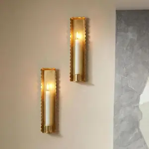 Gold Wall Candle Sconces Set of 2, Scalloped Edge Box-Shaped Cast Iron Farmhouse Church Holders for Taper Candles, Wall Mounted Rustic Candle Sconce for Living Room, Dining Room Decor