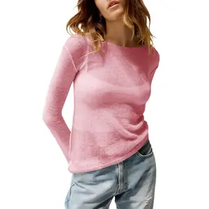 Imily Bela Womens Spring Summer Trendy Boat Neck See Through Shirts Long Sleeve Lightweight Knit Pullover Sweaters Casual Sheer Tops