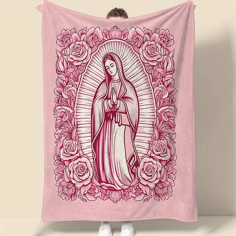 Cozy Blush Pink Virgin Mary Rose Velvet Throw Blanket - Super Soft Floral Art Graphic Cute Girly Flower Art Blanket, Multifunctional for Sofa & Bed, Ideal Gift for Mom for Birthday & Valentine's Day, Pink Throw Blanket, Art Graphic Blankets