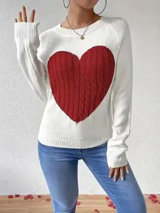 Women's Heart Pattern Sweater, Elegant Fashion Long Sleeve Knitwear for Autumn Winter, Casual Style Pullover for Daily Wear