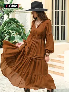 Women's Plain Ruffle Hem Tie Front Lantern Sleeve Dress, Elegant V Neck Long Sleeve A Line Dress for Holiday Vacation Daily Wear, Ladies Clothes for All Seasons