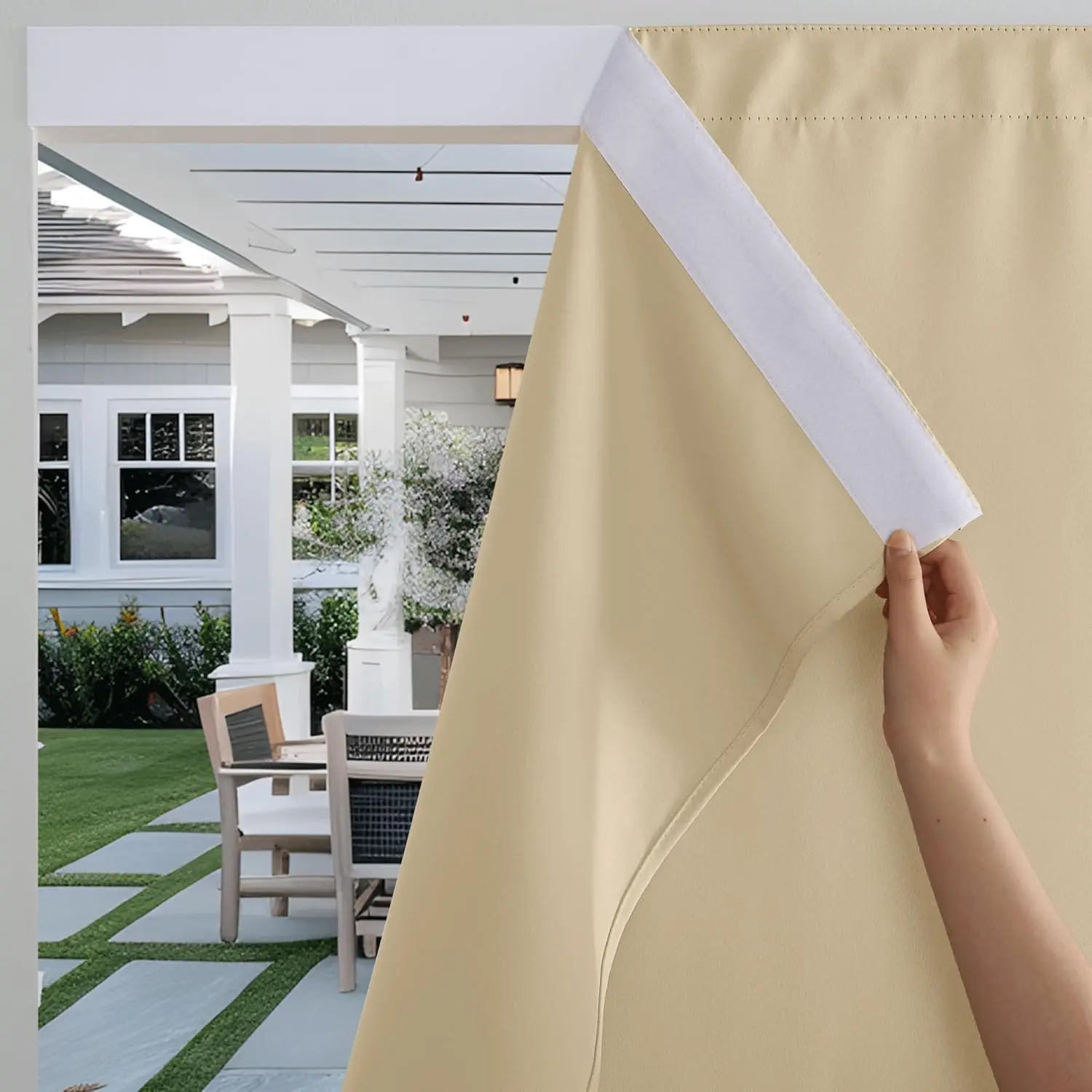 Outdoor Curtains Self Adhesive Top - Rodless Blackout  Drapes for Patio Pergola Gazebo Poolside, Windproof Curtain with  Tab Bottom, 52x84 Inch, Biscotti Beige, 2 Panels