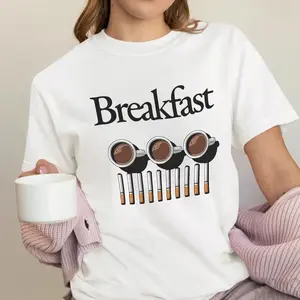 Breakfast T-Shirt, Coffee & Cigarettes Design, Y2K Cursed Funny Meme Style, 90s Ironic GenZ Casual Tee