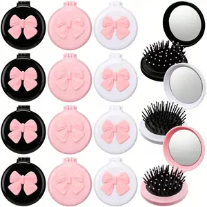 Mini Cute Portable Folding Mirror Brush, Multi-Color Coquette Bow, Detangler, Compact Scalp Massager, Women Travel, Team Gift, Fashion Gift, Hair Detangling Comb