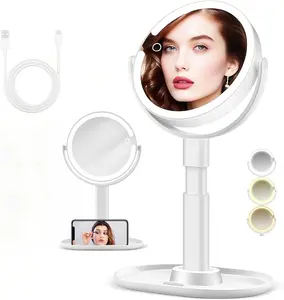 Makeup Mirror with Lights, 10X Magnifying Mirror & 3 Color Modes, 8" Double Touch Height Adjustable Vanity Mirror with Type-C Fast Charge, Travel Mirror for Bathroom, Gifts for Women, White
