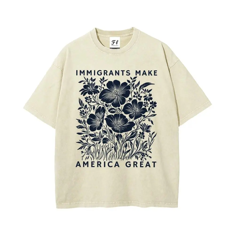Immigrants Make America Great Oversized Unisex Graphic Tee, Anti-ICE Statement Washed T-Shirt, Batik Cotton Streetwear Top, Super Soft Pre-Shrunk Fabric, Loose Casual Fit for Daily Wear, Street Style, Protest Outfit for Men Women