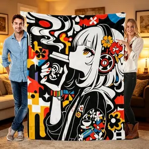 Anime Coffee Girl Flannel Blanket, Pop Art Colorful Print Throw, Soft Cozy Blanket for Bedroom Sofa Office, Modern Art Fan Gift