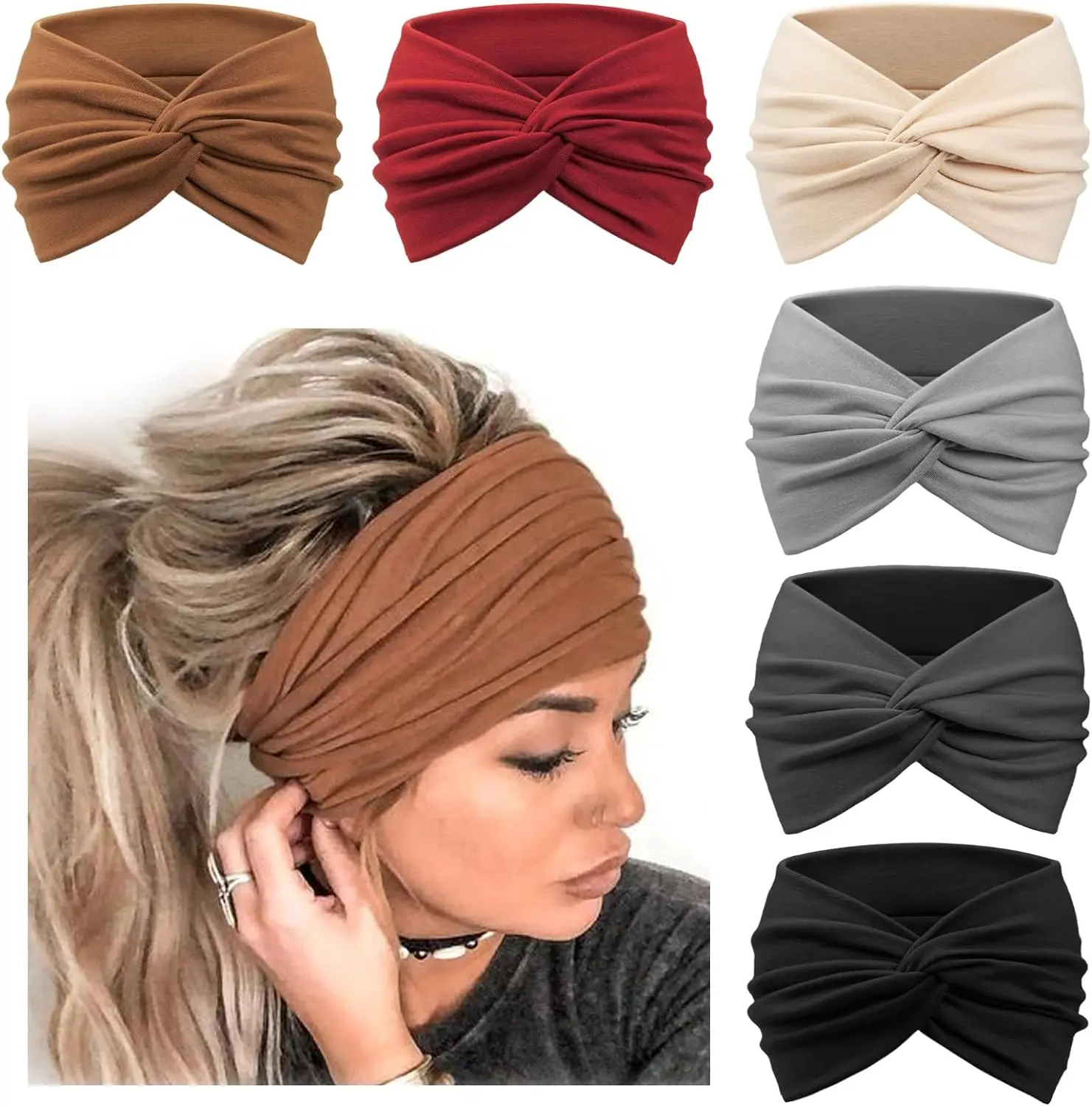 Women's Headbands 6-Pack - Vintage Knotted Turban Hair Accessories in a Soft Cotton Elastane Blend, Wide and Stretchy, Accessories For Women