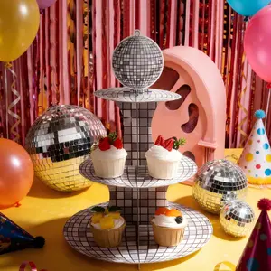 1Pcs Disco Theme Paper Cake Stand, Silver Color Glitter Disco Style, Multi-Layer Cake Holder, Party Decor, DIY Cake Display, Food Tray