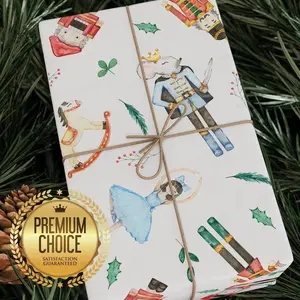 Nutcracker Ballet Themed Gift Wrapping Paper, Watercolor Christmas Fairytale Gift Wrap with Ballet Dancers and Toy Soldiers