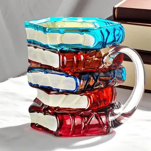 1pc Hand-Painted Book Stack Design Coffee Mug - Stackable Glass Cup with Vibrant Blue, Orange, Red & Yellow Stained Glass Art, Reusable Novelty Gift for Book Lovers, Librarians, Women's Book Clubs & Literature Enthusiasts, Pretty Coffee Cup