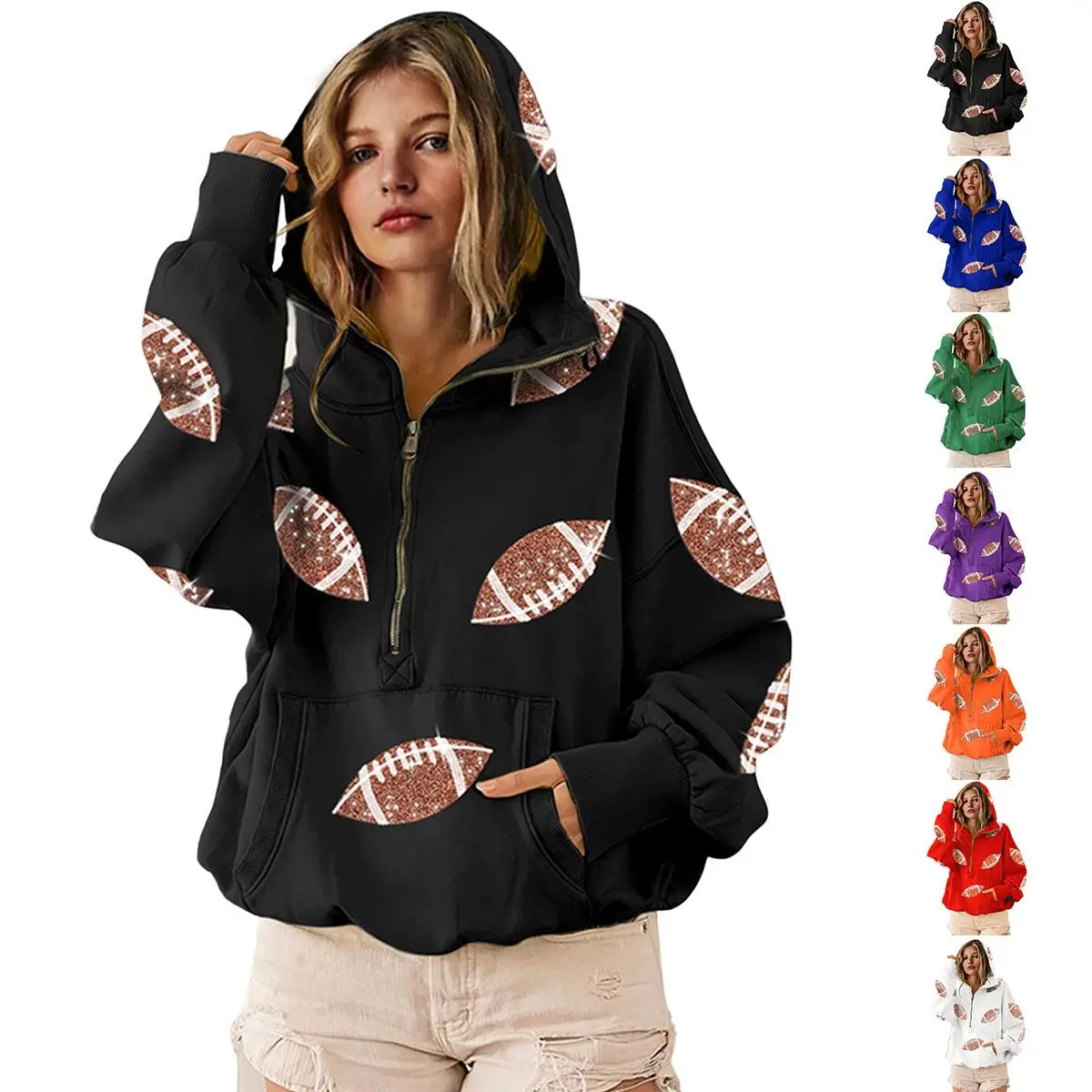Jovenpara Women's Casual Sequin Football Hoodie, Long Sleeve Oversize Cotton 1/4 Zip Pullover with Kangaroo Pocket for Game Day Party, Athleisure Wear, Casual Ootd, 1/4 Zip Pullover Women's Hoodies
