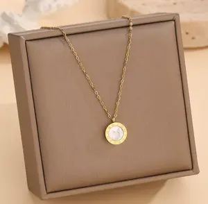 Double Sided Roman Numeral Necklace 18k Gold Plated Stainless Steel White Black