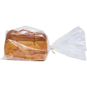 Bread Poly Bags – Pack of 100 Entirely Transparent Clear Bakery Bags – Bread Loaf Packaging Bags with 100 Gold Twist Ties – 8x4x18-Inch Grocery Bread Bags