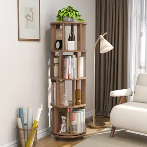 【Summer】TimberKnows Solid Wood Rotating Bookshelf with Lockable Wheels, 360° Swivel Bookcase Tower for Kids & Adults, Stackable Floor Display Shelf for Corners and Small Spaces