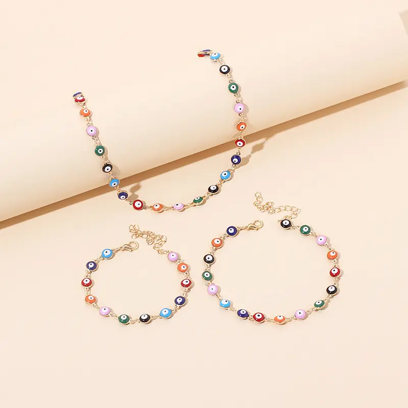 Women's 3-Piece Jewelry Set, Bohemian Beaded Eye Motif Necklace, Bracelet, and Anklet, Gold-Tone Necklace Gift Set, Accessory Set