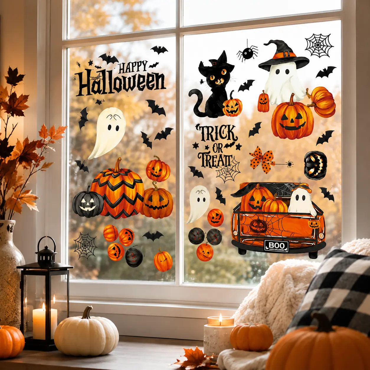 Halloween PVC Cling Decorative Stickers - Various Shapes Cute Ghost Pumpkin Static Clings, Removable Reusable Decals for Home, Party Decor (Kids Targeted)